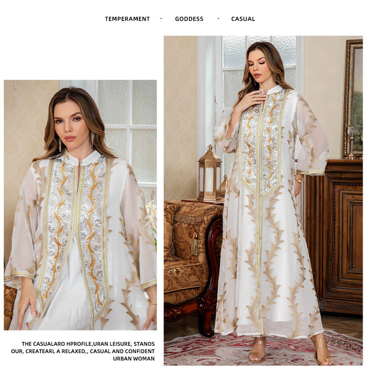 Embroidered Mesh Stand-Collar Maxi Dress