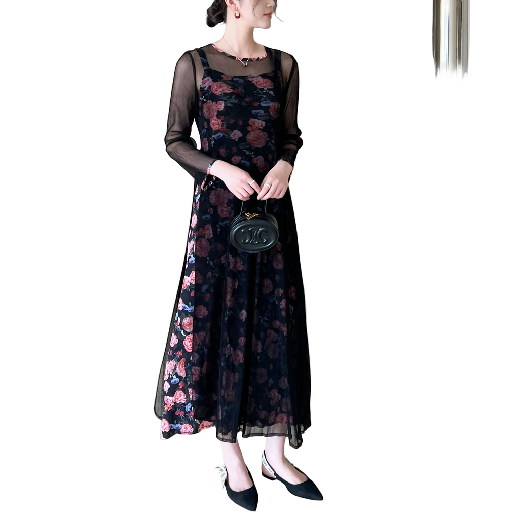 Pleated Elegant Net Sleeveless Two-Piece Dress Set for women with long sleeves