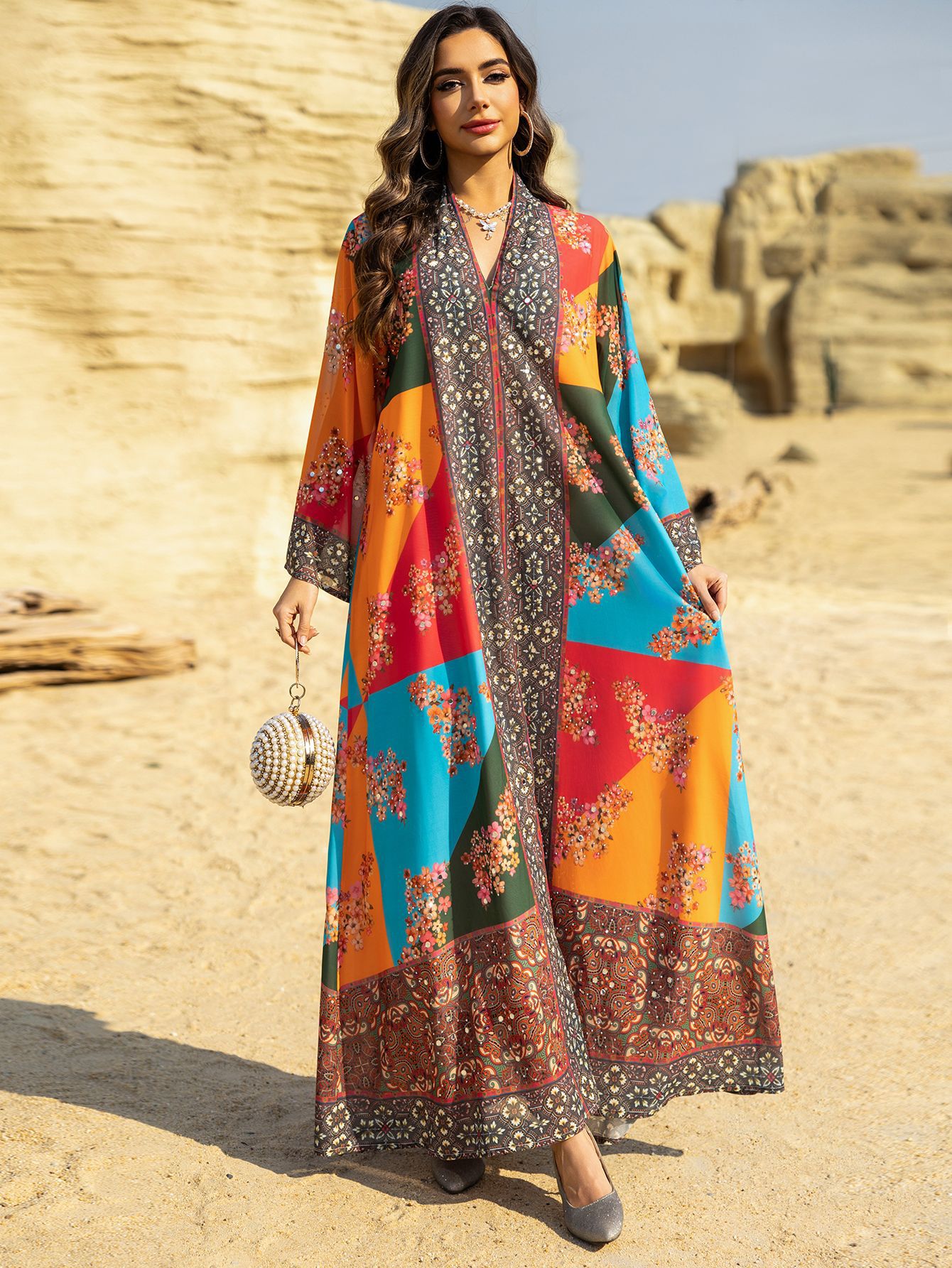 Rhinestone Printed Maxi Dress