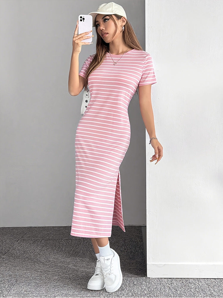 Zebra-Stripe High-Slit Midi Dress for Women, Round Neck Short Sleeve