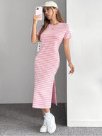 Zebra-Stripe High-Slit Midi Dress for Women, Round Neck Short Sleeve