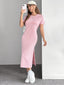Zebra-Stripe High-Slit Midi Dress for Women, Round Neck Short Sleeve
