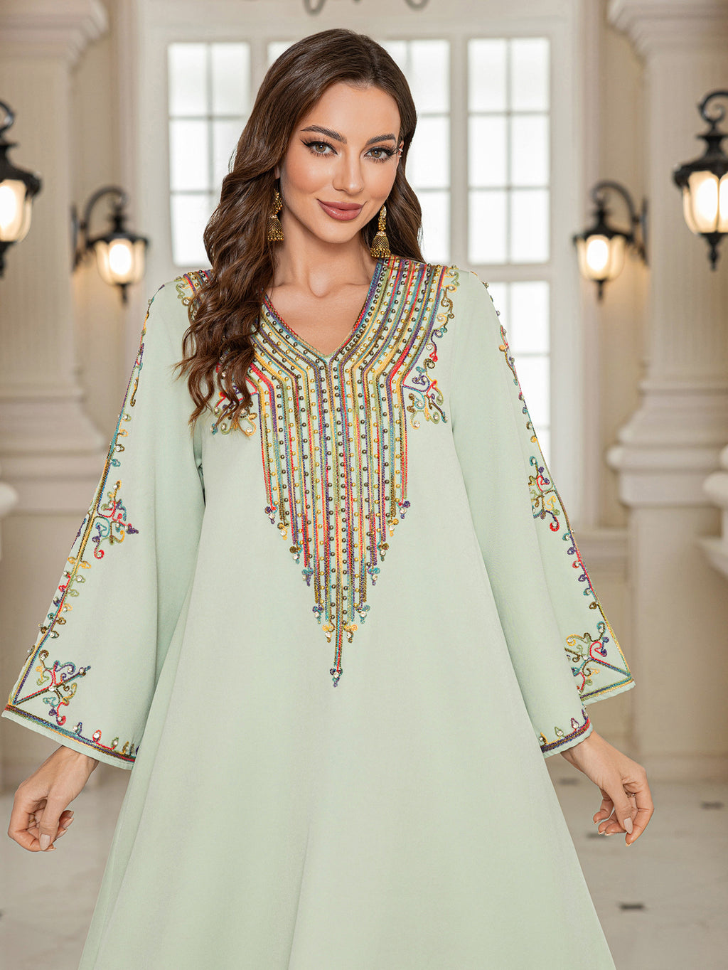 V-Neck Loose Long-Sleeve Maxi Dress, Light Green