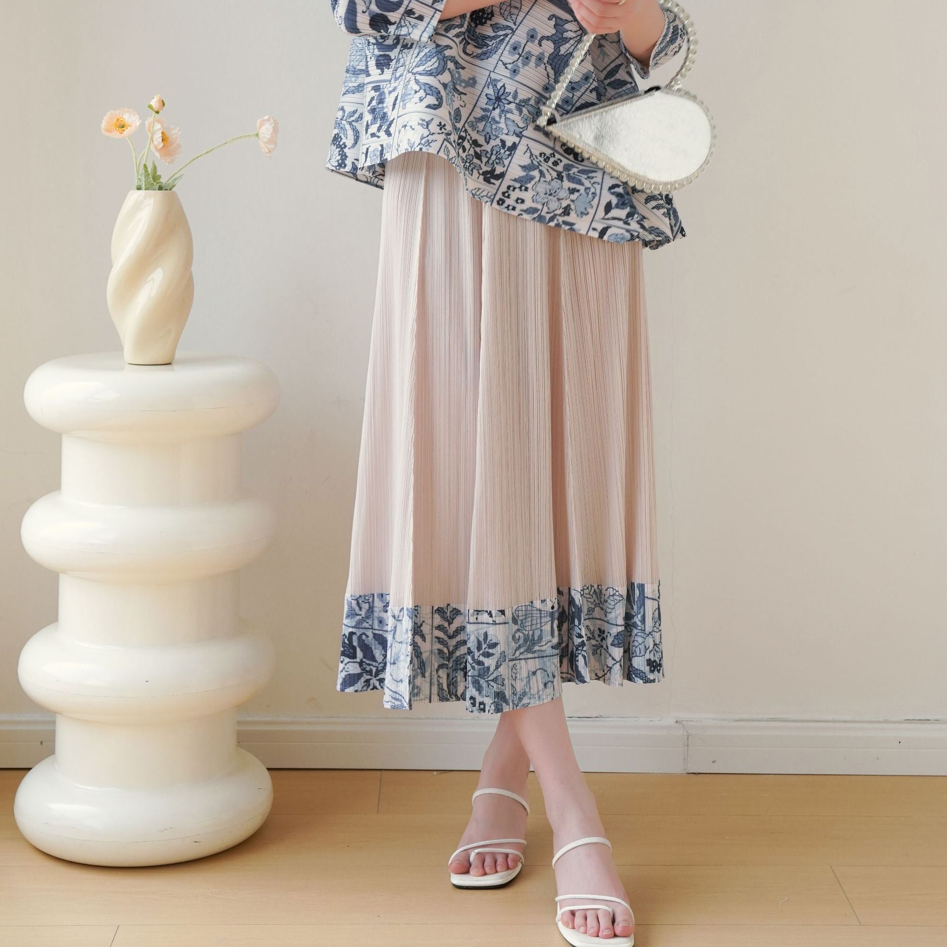 Floral Pleated A-Line Midi Skirt for Women, One Size