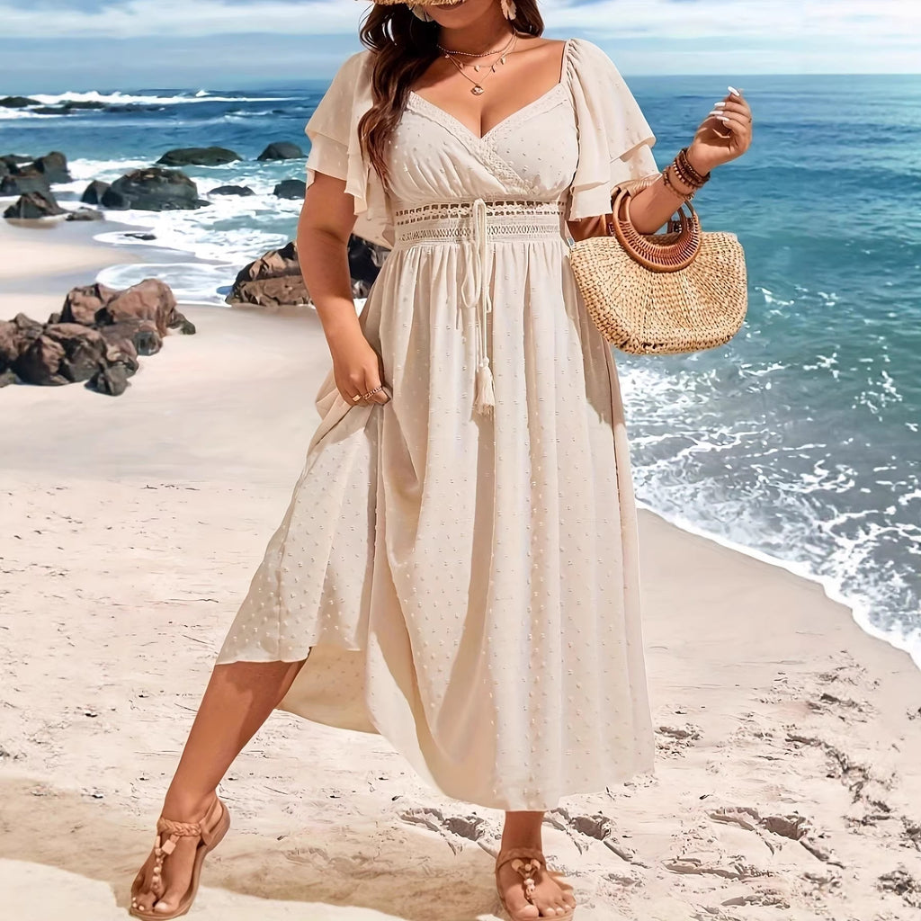 Hollow Lace Tie-Waist V-Neck Maxi Dress for Women, Plus Size