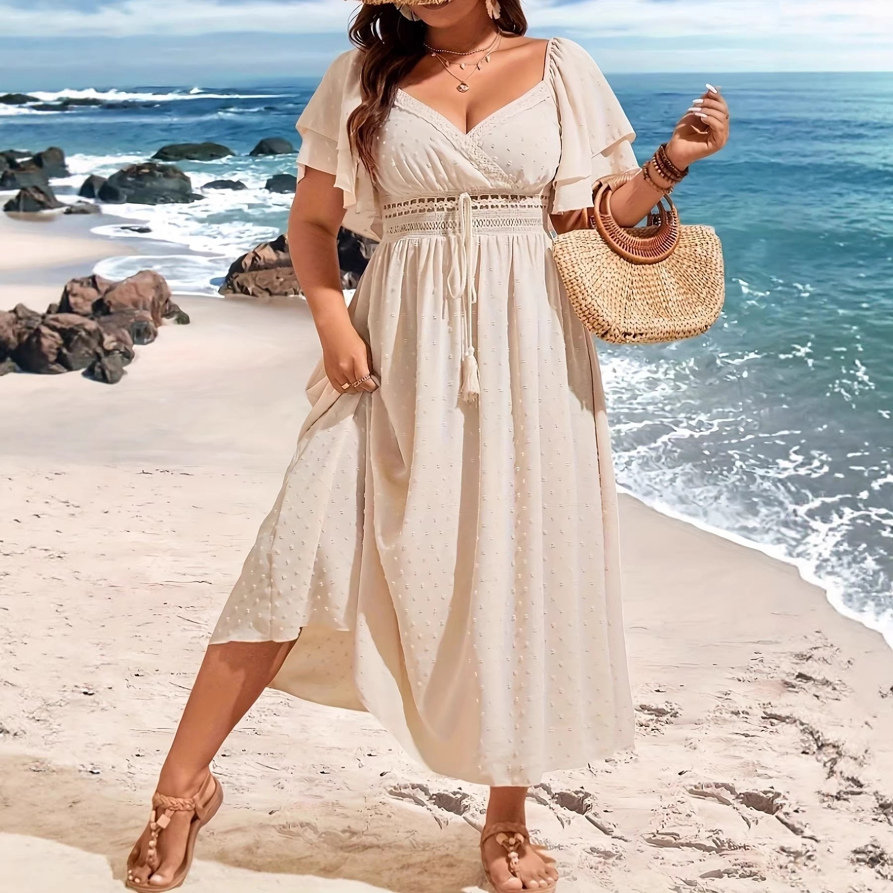 Hollow Lace Tie-Waist V-Neck Maxi Dress for Women, Plus Size