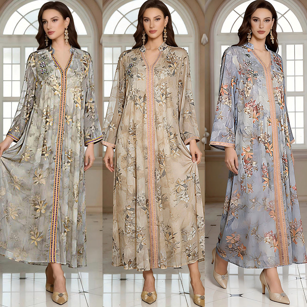 V-Neck Loose Long-Sleeve Maxi Dress, Blue, Apricot & Gray Hauptbild