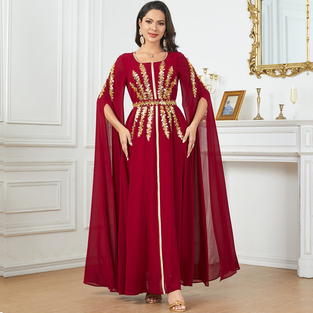 Beaded Flared-Sleeve Evening Maxi Dress