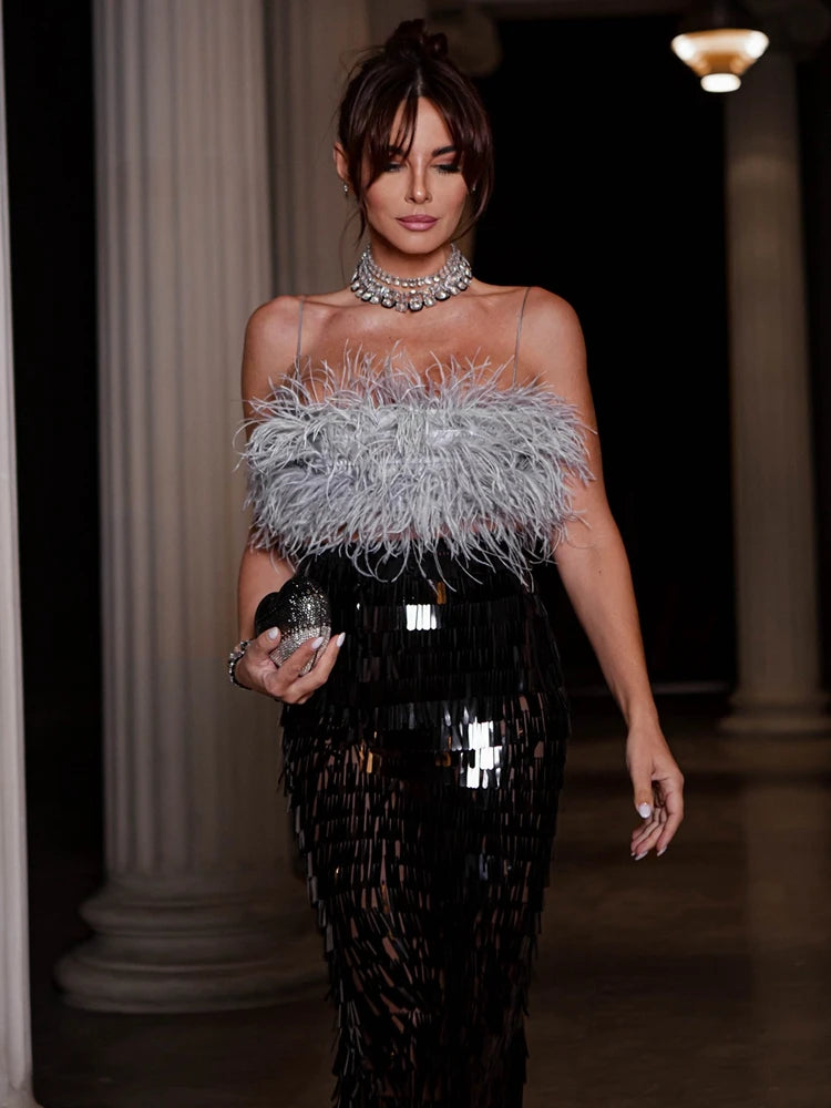 Ostrich Feather Strap Top & Sequin Skirt Co-ord Set for Women