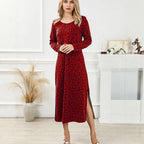 Vintage Leopard Print Round-Neck Midi Dress for Women, Long Sleeve