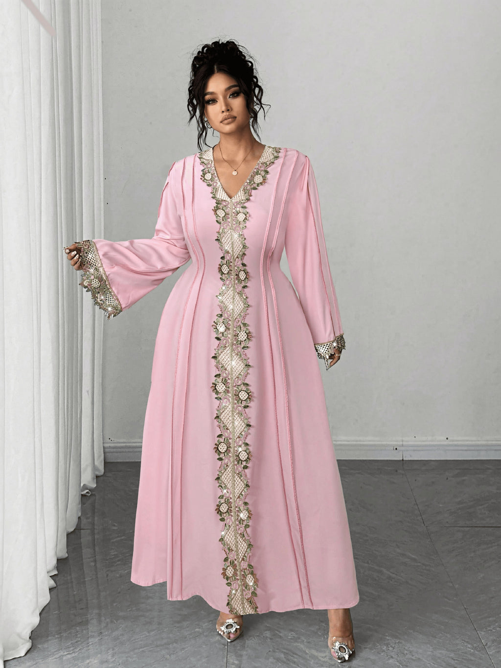 Plus-Size Lace Embroidered Maxi Dress for women with long sleeves