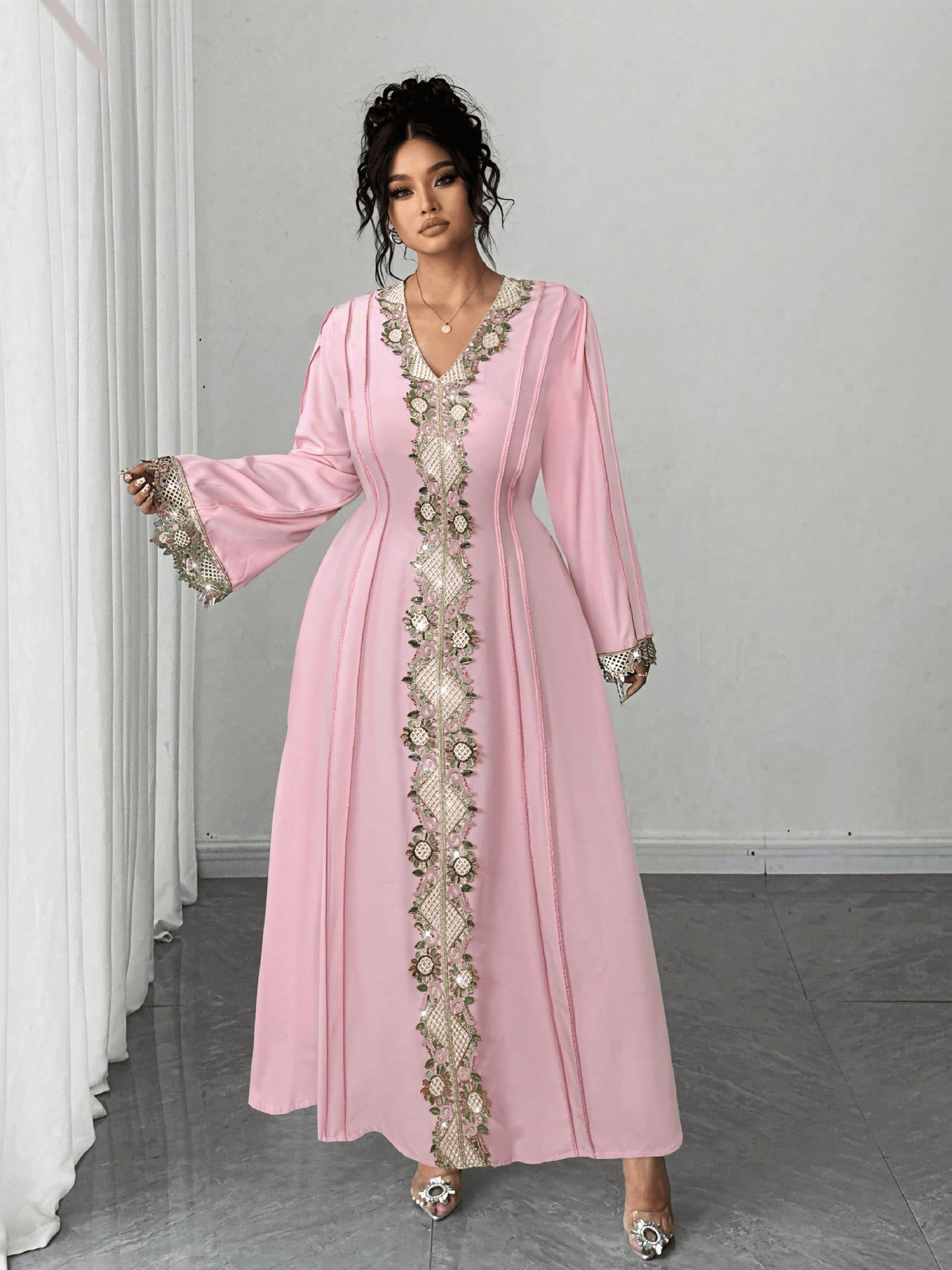 Plus-Size Lace Embroidered Maxi Dress for women with long sleeves