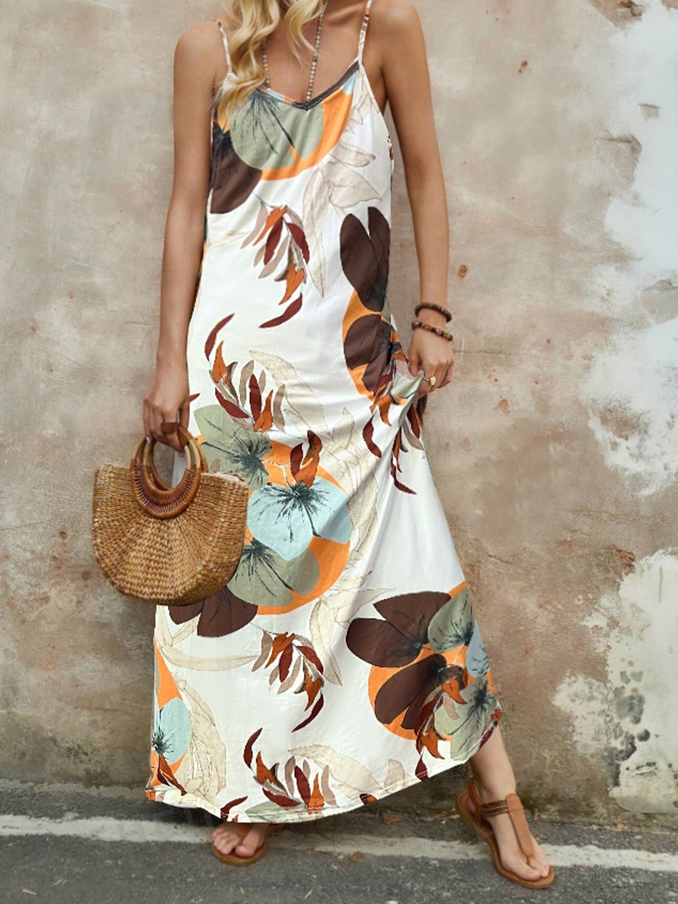 Leaf Print V-Neck Sleeveless Maxi Dress for Women