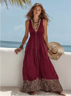 Bohemian Leopard Print V-Neck Maxi Dress for Women, Sleeveless