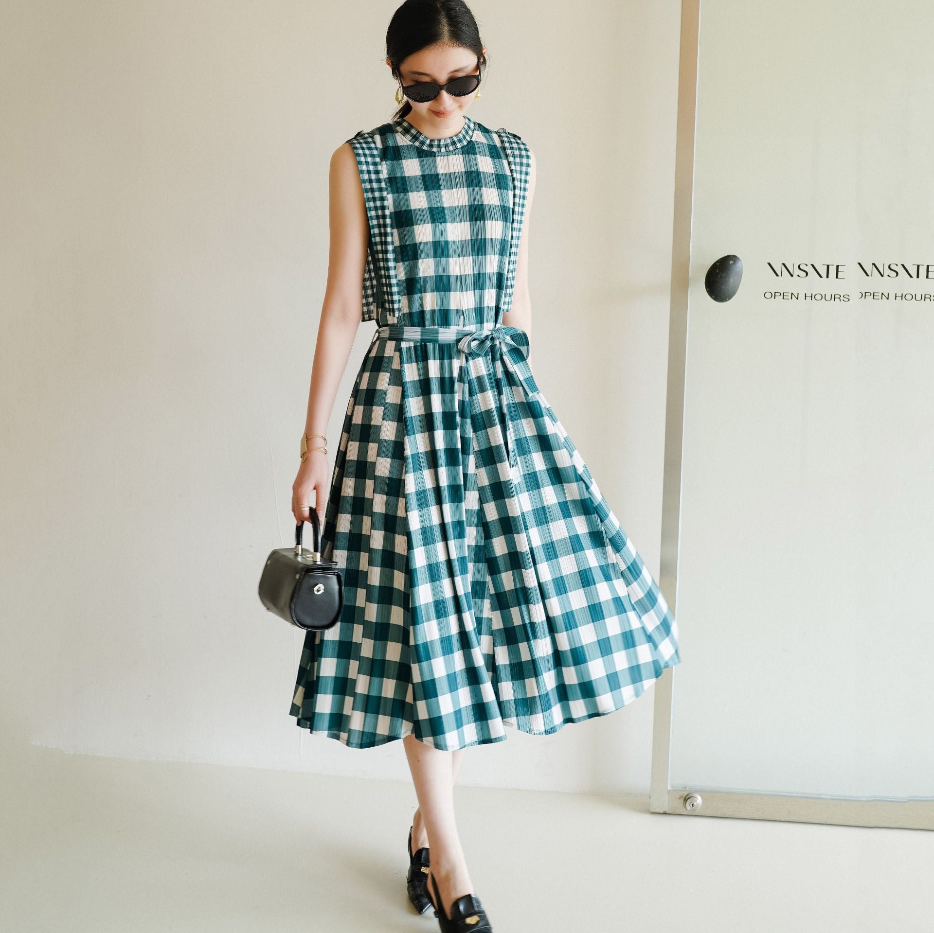 Checkered Belted A-Line Maxi Dress for Women, Sleeveless