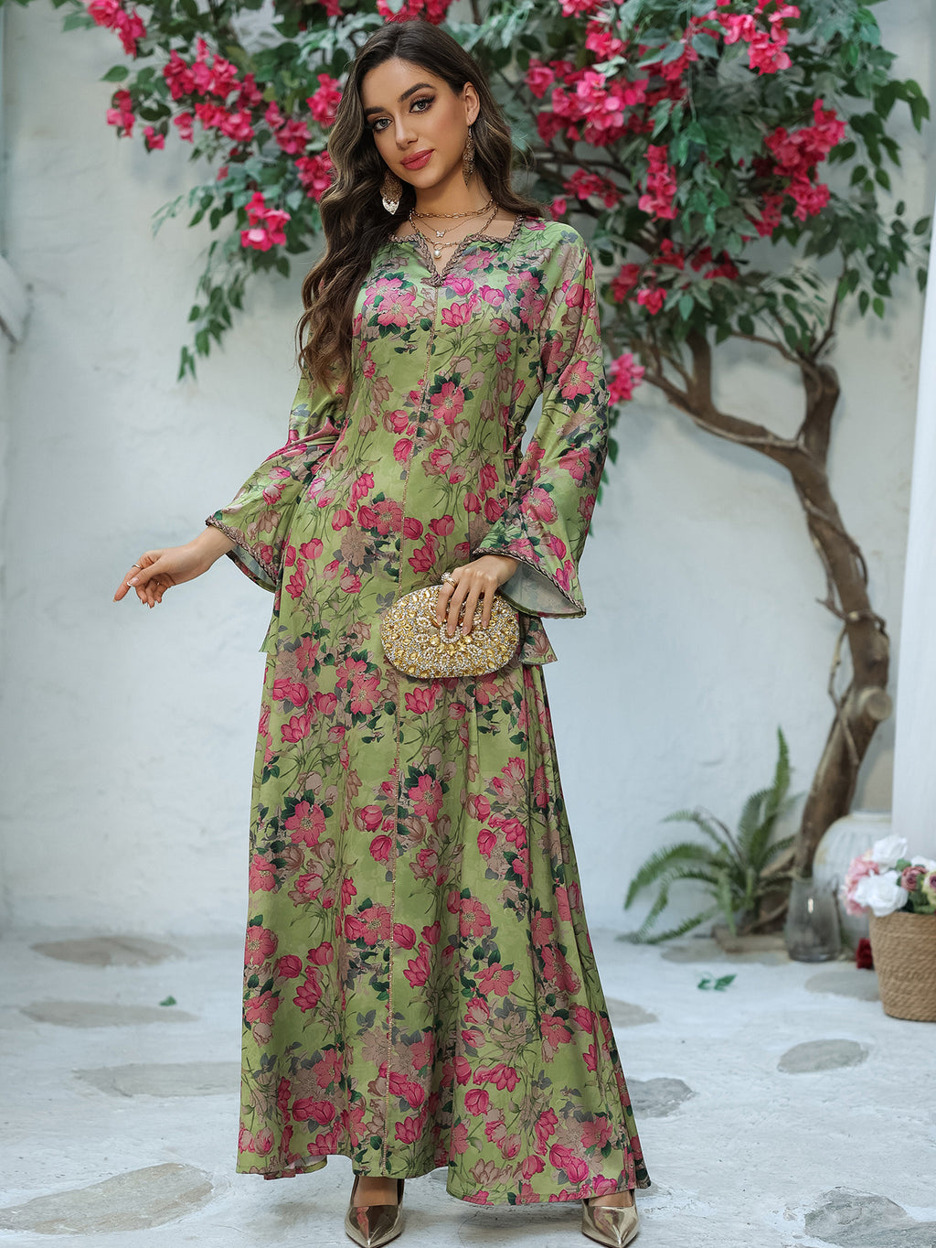 Printed Rhinestone Maxi Dress