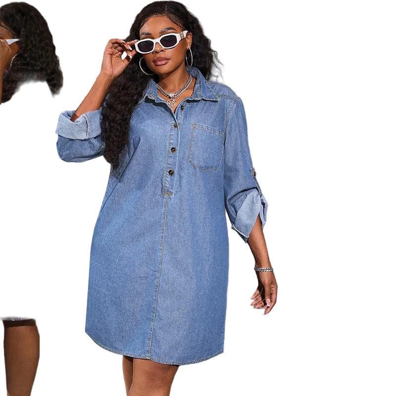 Denim Collared Midi Dress with long sleeves