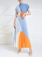 Contrast Color Pleated Two-Piece Skirt Set for Women
