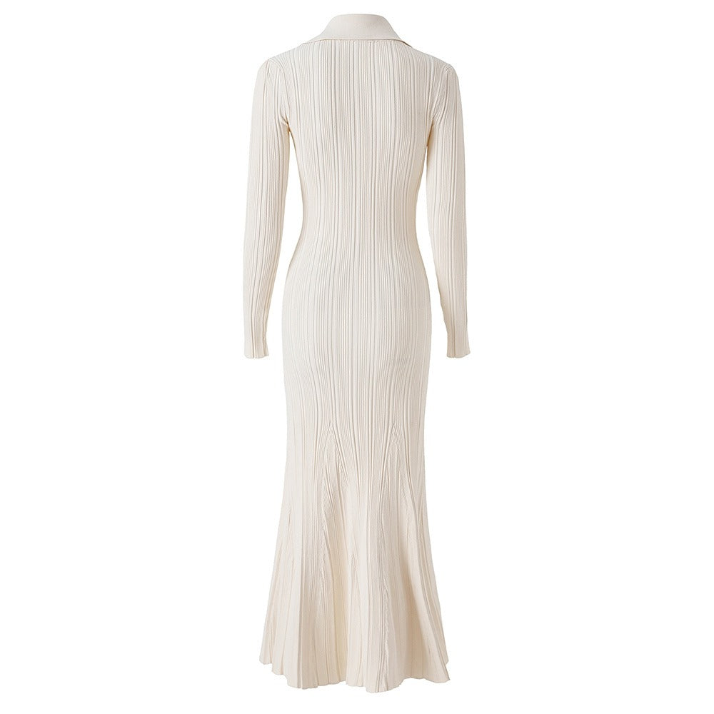 Knitted Diamond-Button Long Sleeve Maxi Dress for Women, Pocketed