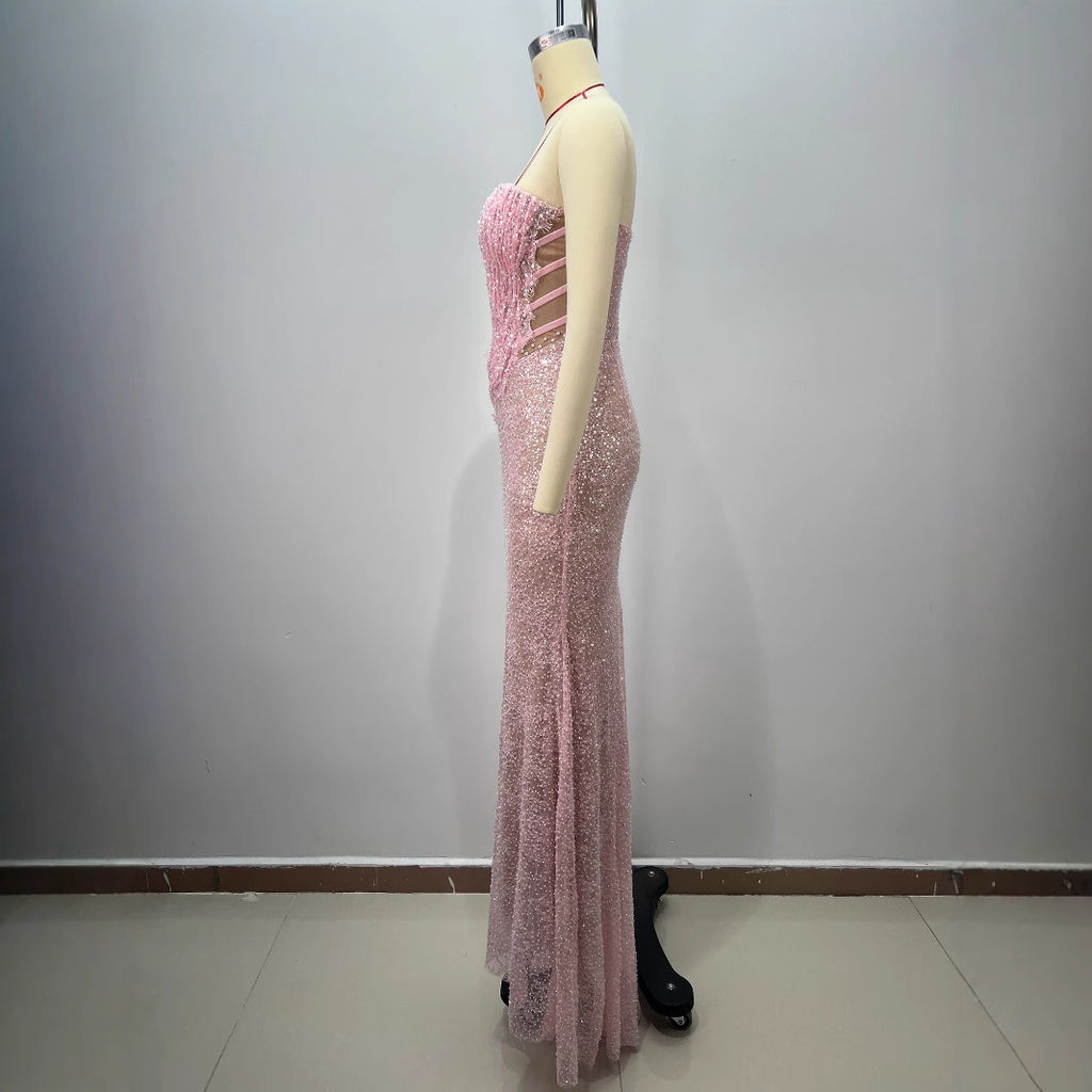 Boned Beaded One-Shoulder Sequin Gown for Women