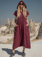 Vintage Cotton-Linen Hooded Half-Zip Midi Dress for Women