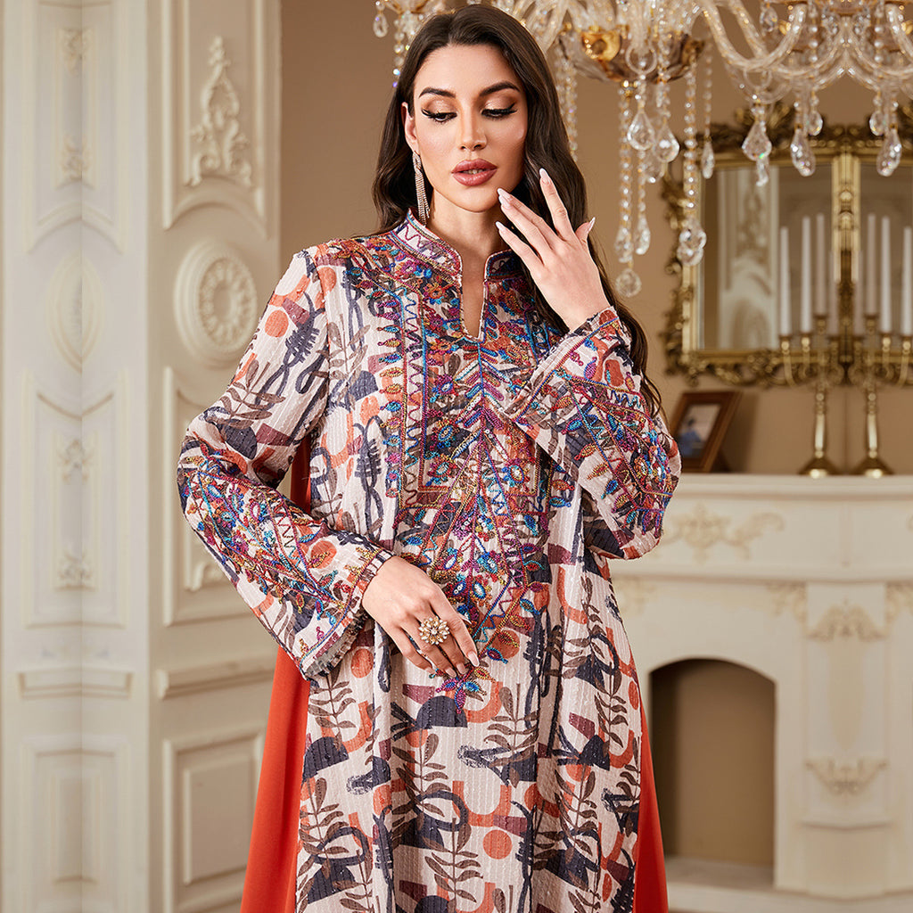 Orange Embroidered Robe Maxi Dress