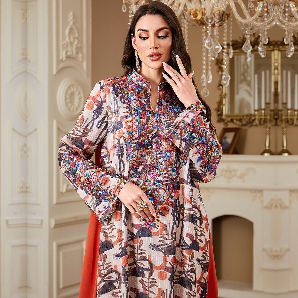 Orange Embroidered Robe Maxi Dress