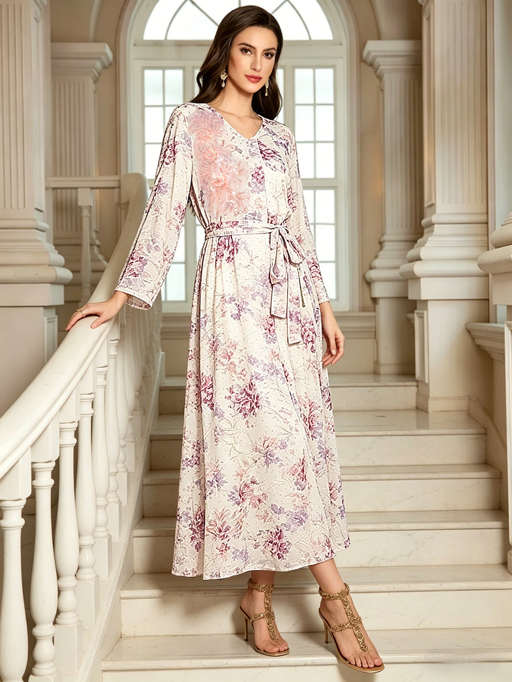 V-Neck Lace-Up Long-Sleeve Maxi Dress