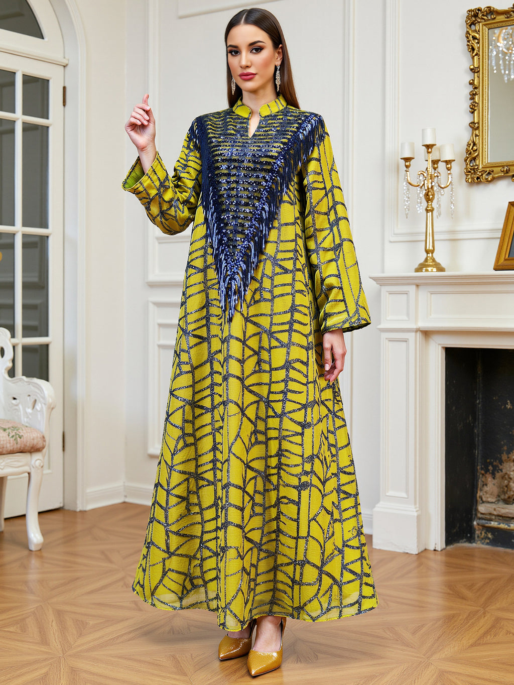 Yellow Sequin Tassel Maxi Dress