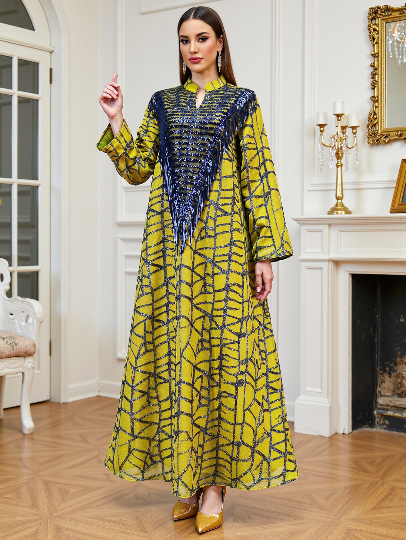 Yellow Sequin Tassel Maxi Dress