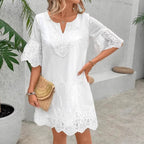 White Eyelet Midi Dress, V-Neck