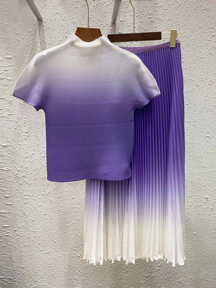 Pleated Gradient Elastic Waist Top & Skirt Co-ord Set for Women