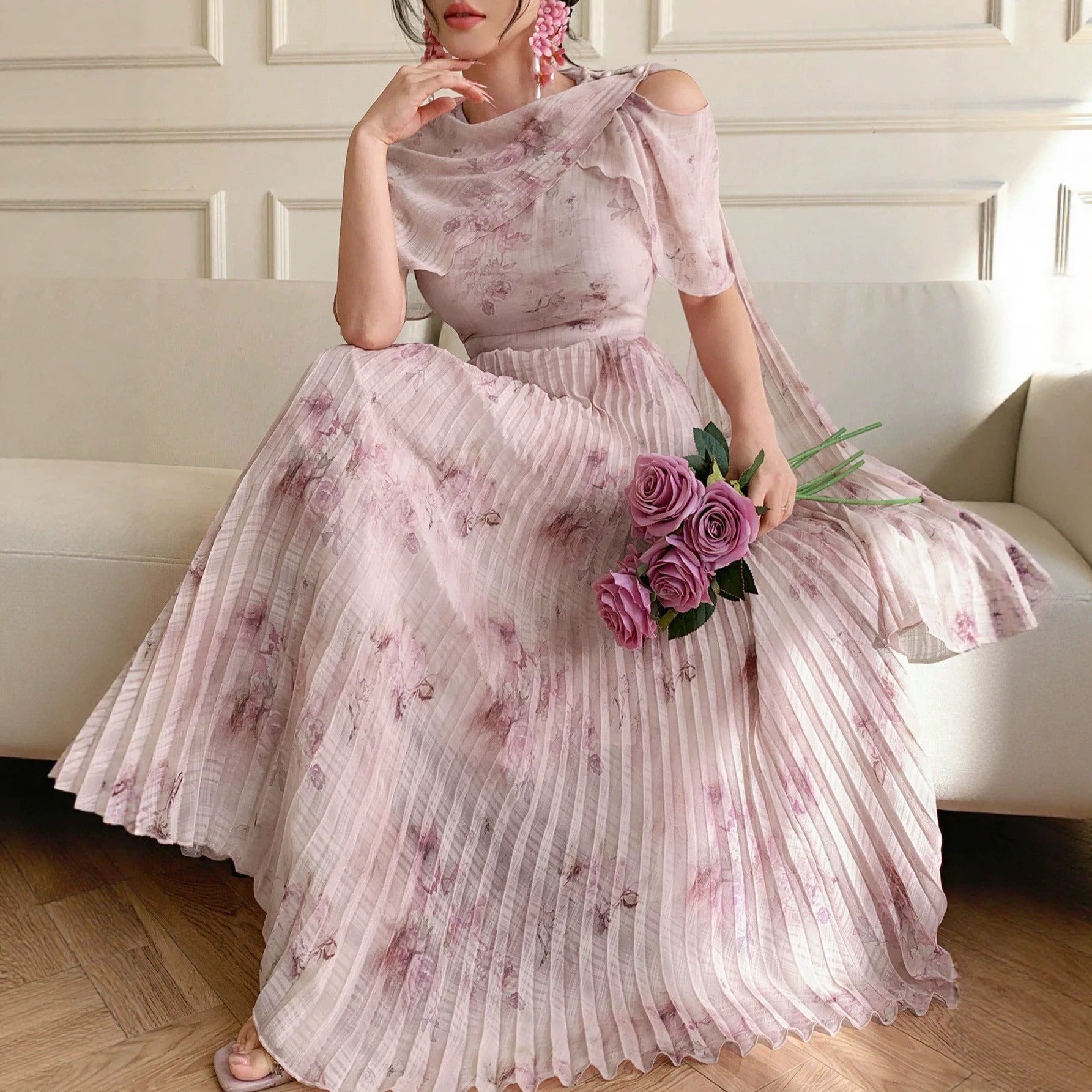 Printed Pleated Maxi Dress, Ruffle Sleeve