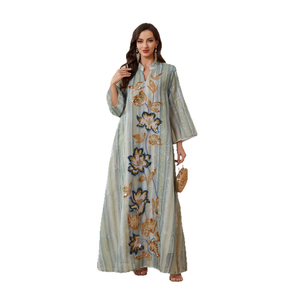 Mesh Beaded Long-Sleeve Maxi Dress