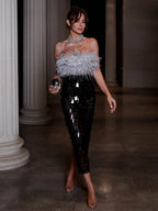 Ostrich Feather Strap Top & Sequin Skirt Co-ord Set for Women
