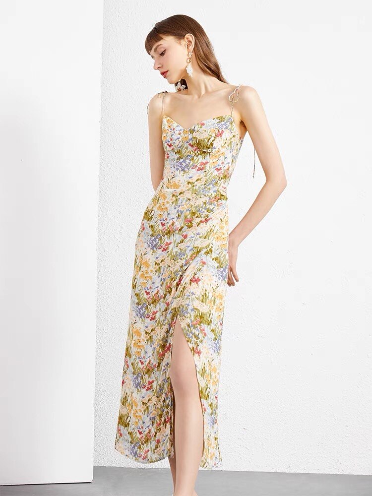 High-Waist Slit Sling Midi Dress for Women, Holiday Style