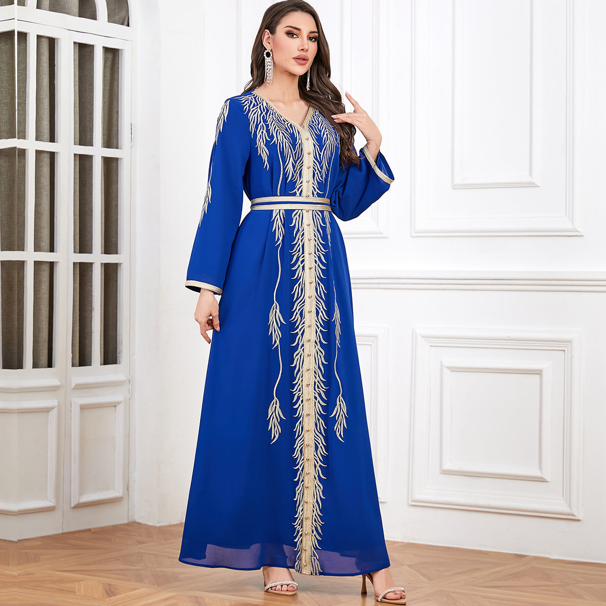 Embroidered Beaded V-Neck Robe Maxi Dress Secondary image