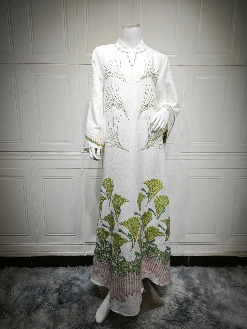 Embroidered Rhinestone Knit Maxi Dress