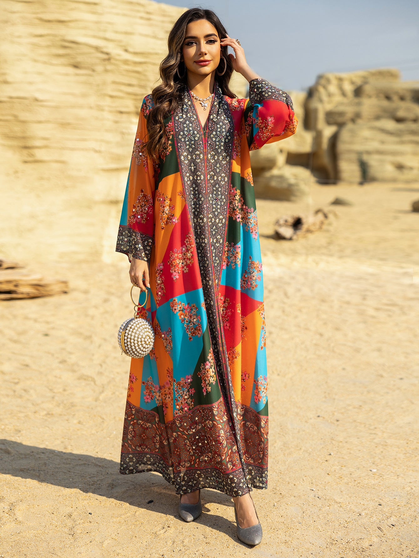 Rhinestone Printed Maxi Dress