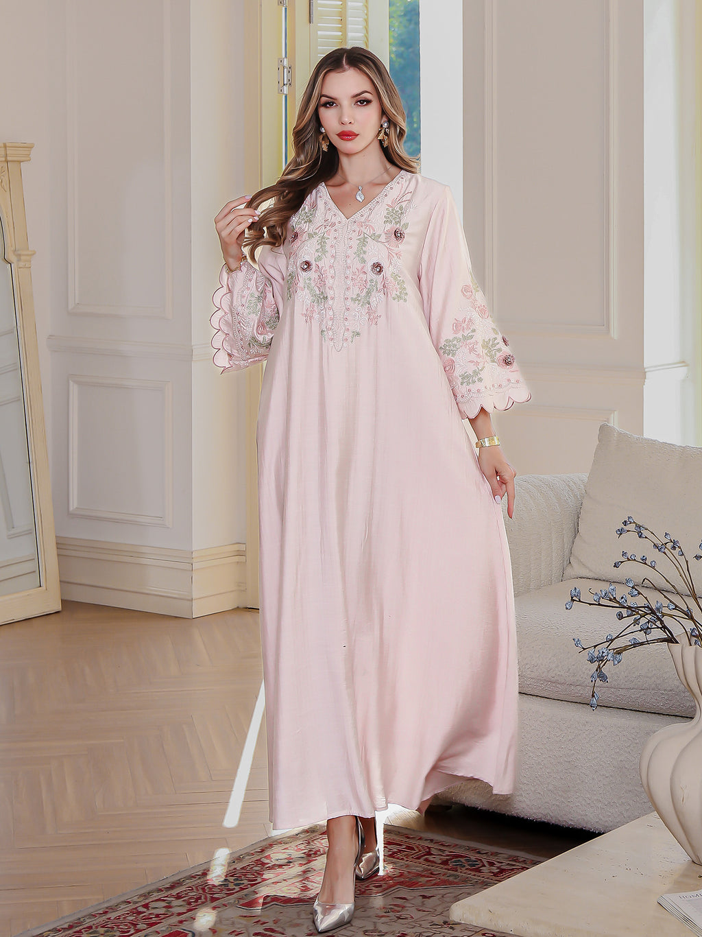 Embroidered Floral Robe Maxi Dress