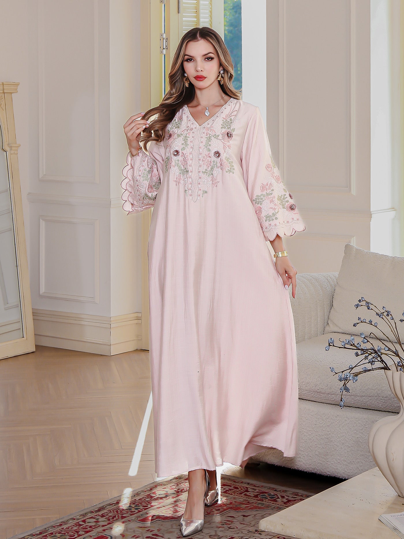 Embroidered Floral Robe Maxi Dress