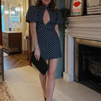 Polka Dot Stand-Collar Mini Dress for Women, Cut-Out Detail