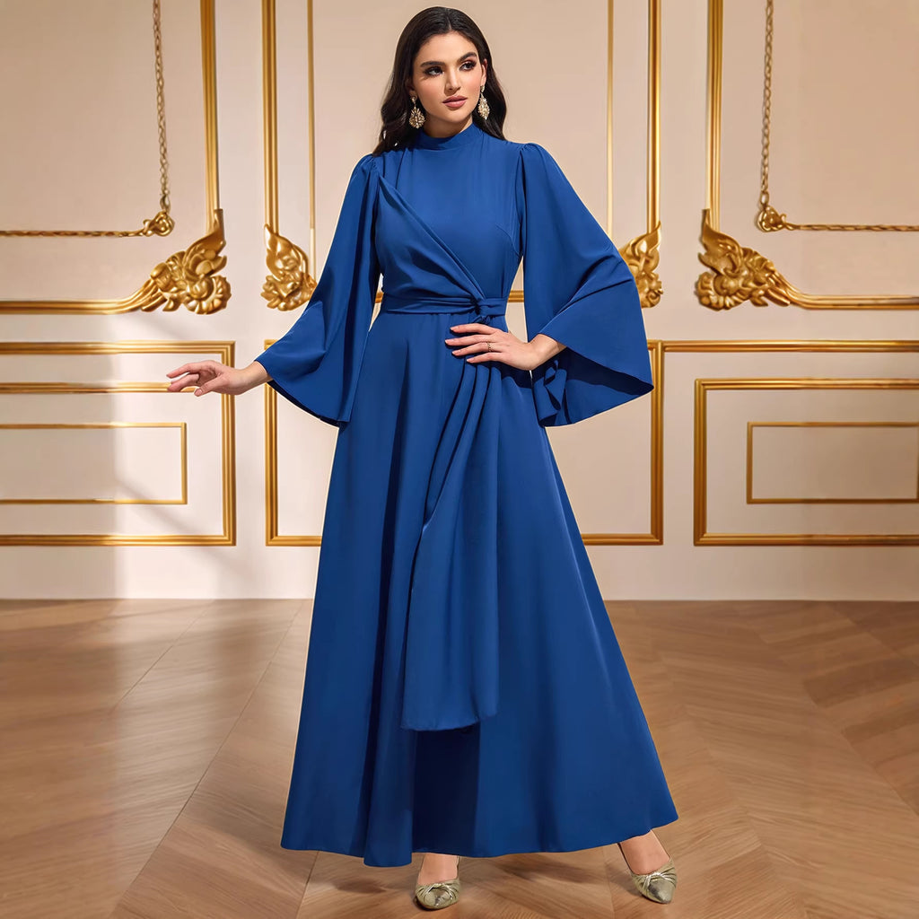 Cyan Blue Waist-Cinching Stretch Maxi Dress
