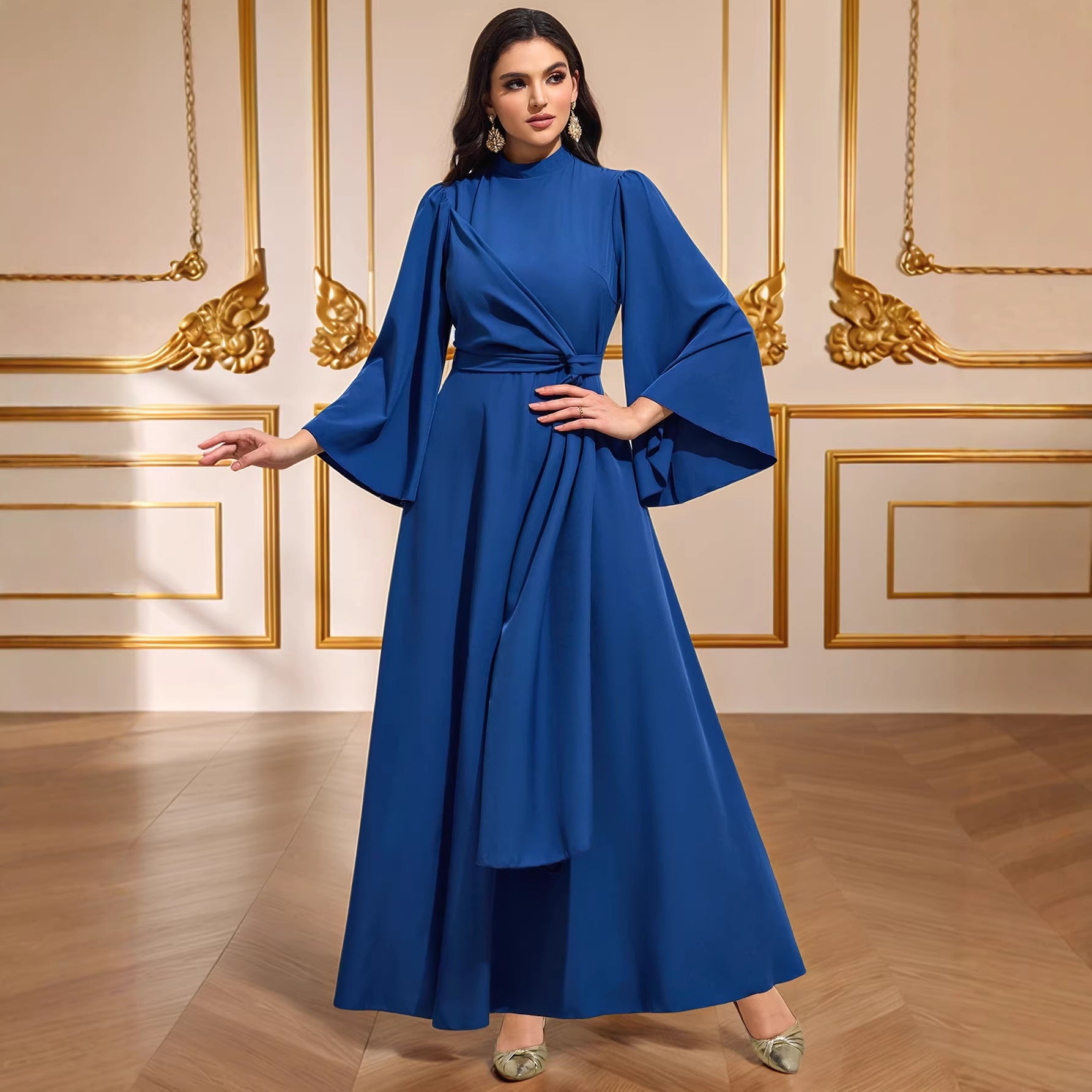 Cyan Blue Waist-Cinching Stretch Maxi Dress