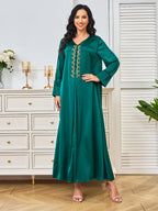 V-Neck Loose Long-Sleeve Maxi Dress, Dark Green