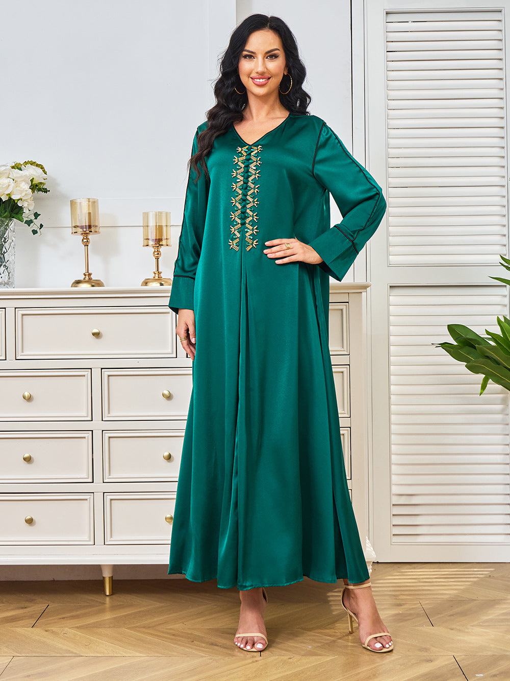 V-Neck Loose Long-Sleeve Maxi Dress, Dark Green
