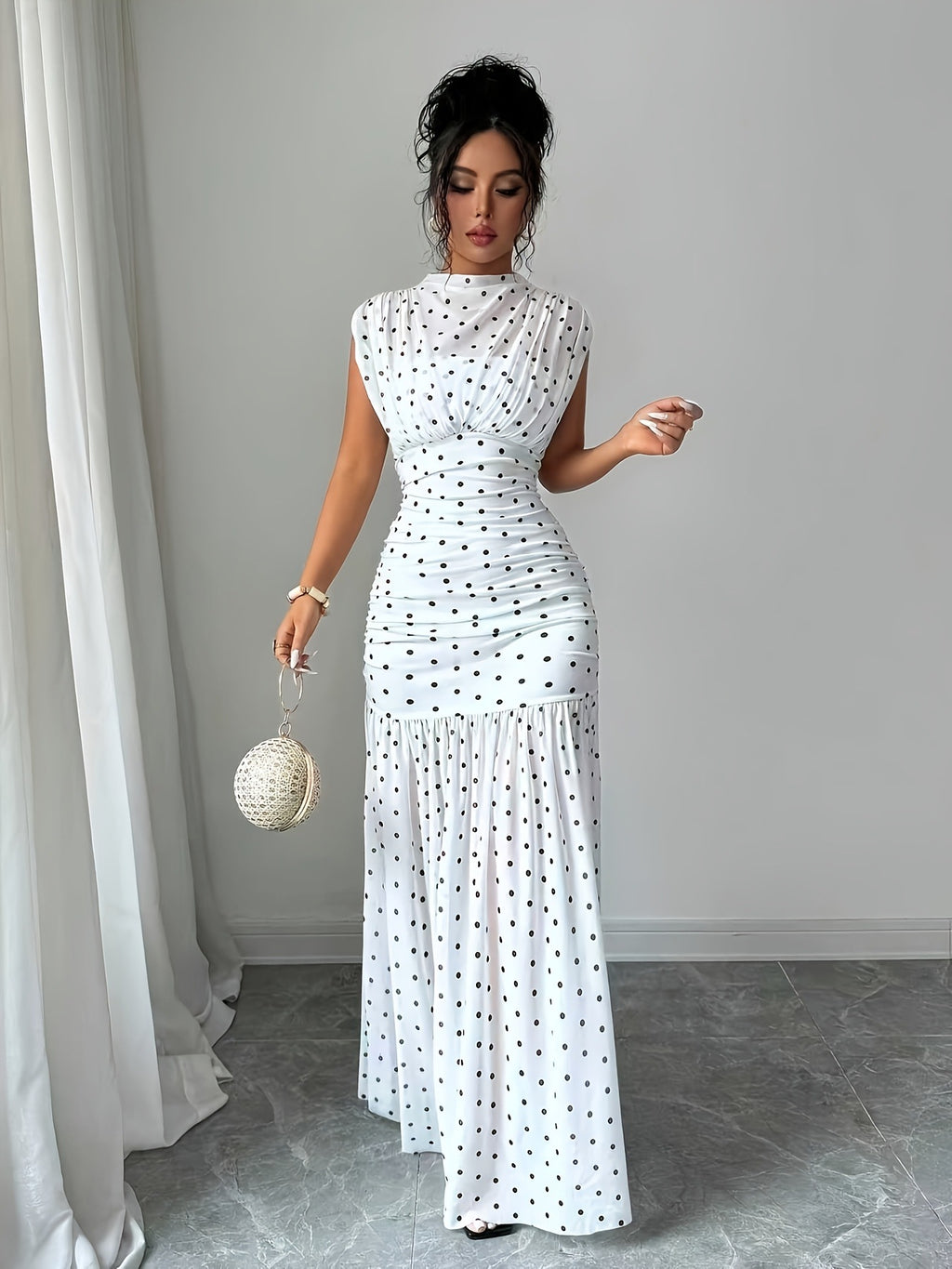 Polka Dot Pleated Maxi Dress