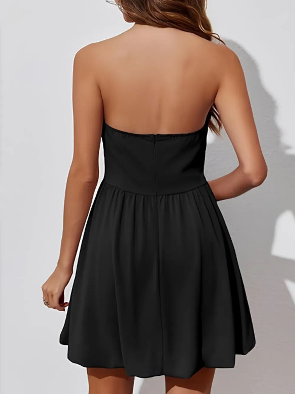 Ruched tube mini dress in black, strapless bodycon party dress by Vilmere