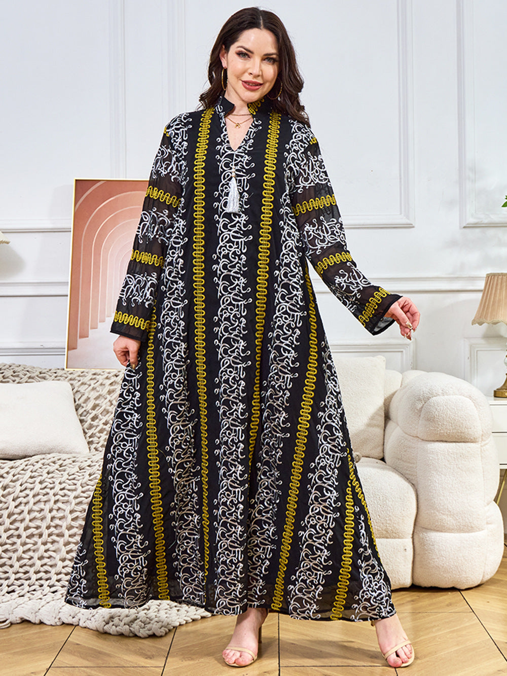 Embroidered Tassel Long-Sleeve Maxi Dress