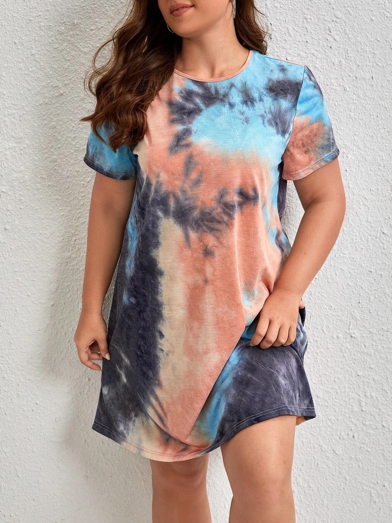 Chambray Gradient Round-Neck T-Shirt Dress for Women, Plus Size
